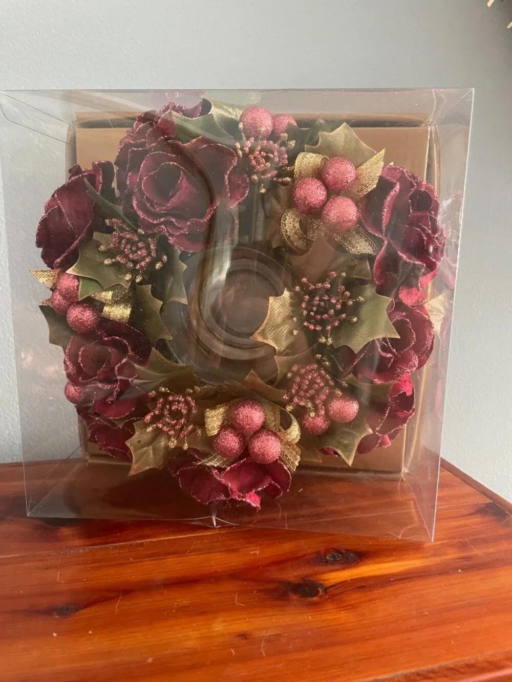 Christmas Candle Holder Ring Floral Roses Cranberries Holly Glitter 8